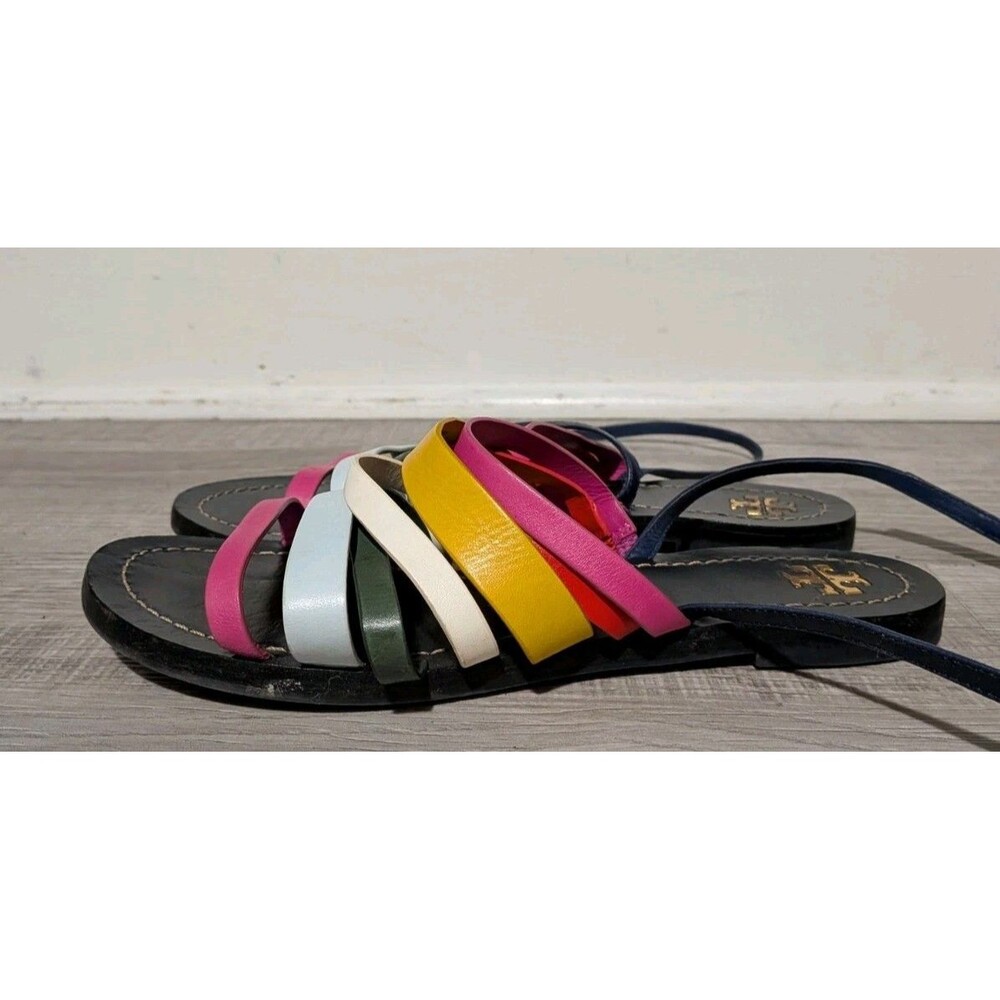 Tory Burch Patos Leather Multi Strap Flat Sandal Rainbow Ankle Strap 8.5 Strappy - Picture 4 of 10